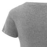 YAYA Meduim Grey Melange Rib Short Sleeve Sweater With Double Neckline