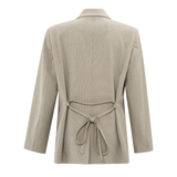 Yaya Humus Beige Woven Pinstripe Oversized Belted Blazer