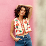 La Petite Etoile Floral Vino Ecru Sleeveless Vest Jacket