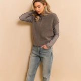 YAYA Dark Night Grey Dessin Ribbed Long Sleeve Top With Shoulder Pads