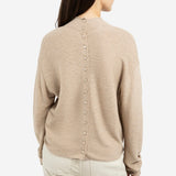 YAYA Oxford Tan Brown Melange Textured High Neck Sweater With Buttons