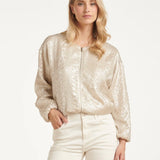 Smashed Lemon Off White Bomber Jacket with Snake Print and Metallic Sheen